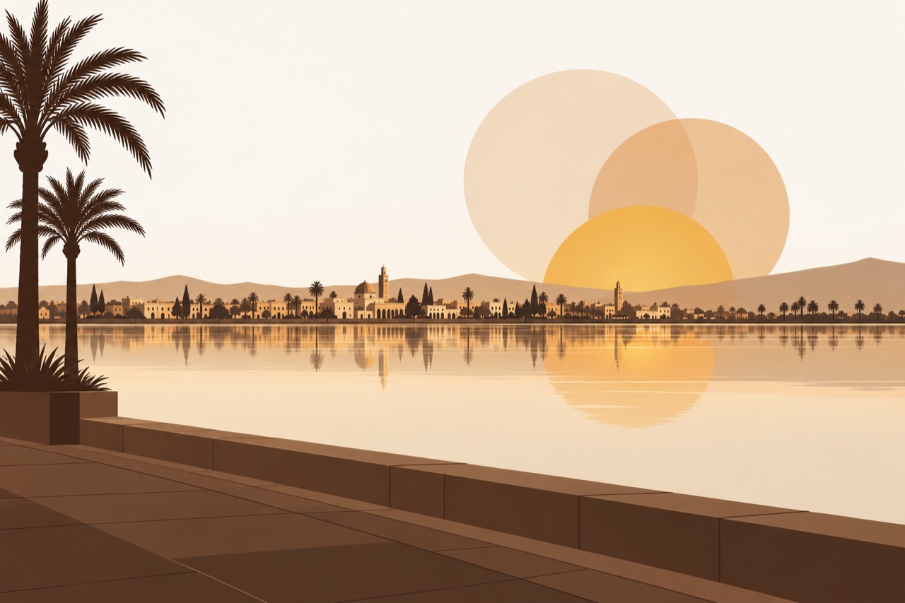 Vue du lac de Tunis depuis les Berges du Lac, à la tombée du jour